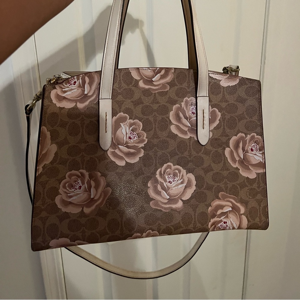 Coach Charlie Carryall Style 31667 In Signature Rose Print Tan Chalk